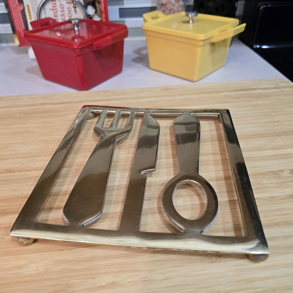 Brass Trivet Cutout Fork Spoon Knife‎ Utensils Kitchen Wall Art MCM